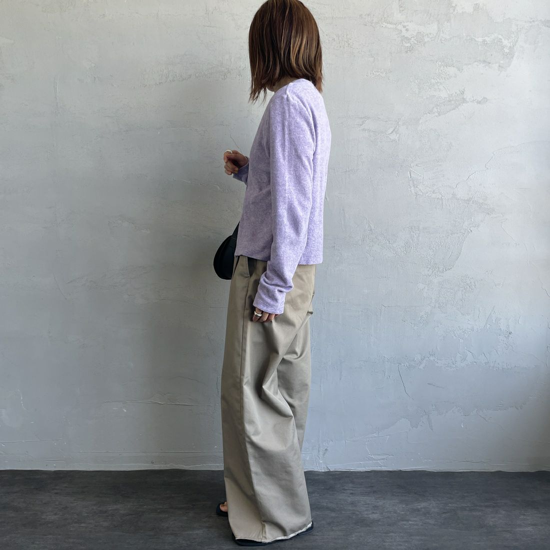 MEYAME [メヤメ] オーガニックコットンパイルカーディガン [MEY-2126] PURPLE &&モデル身長：158cm 着用サイズ：F&&