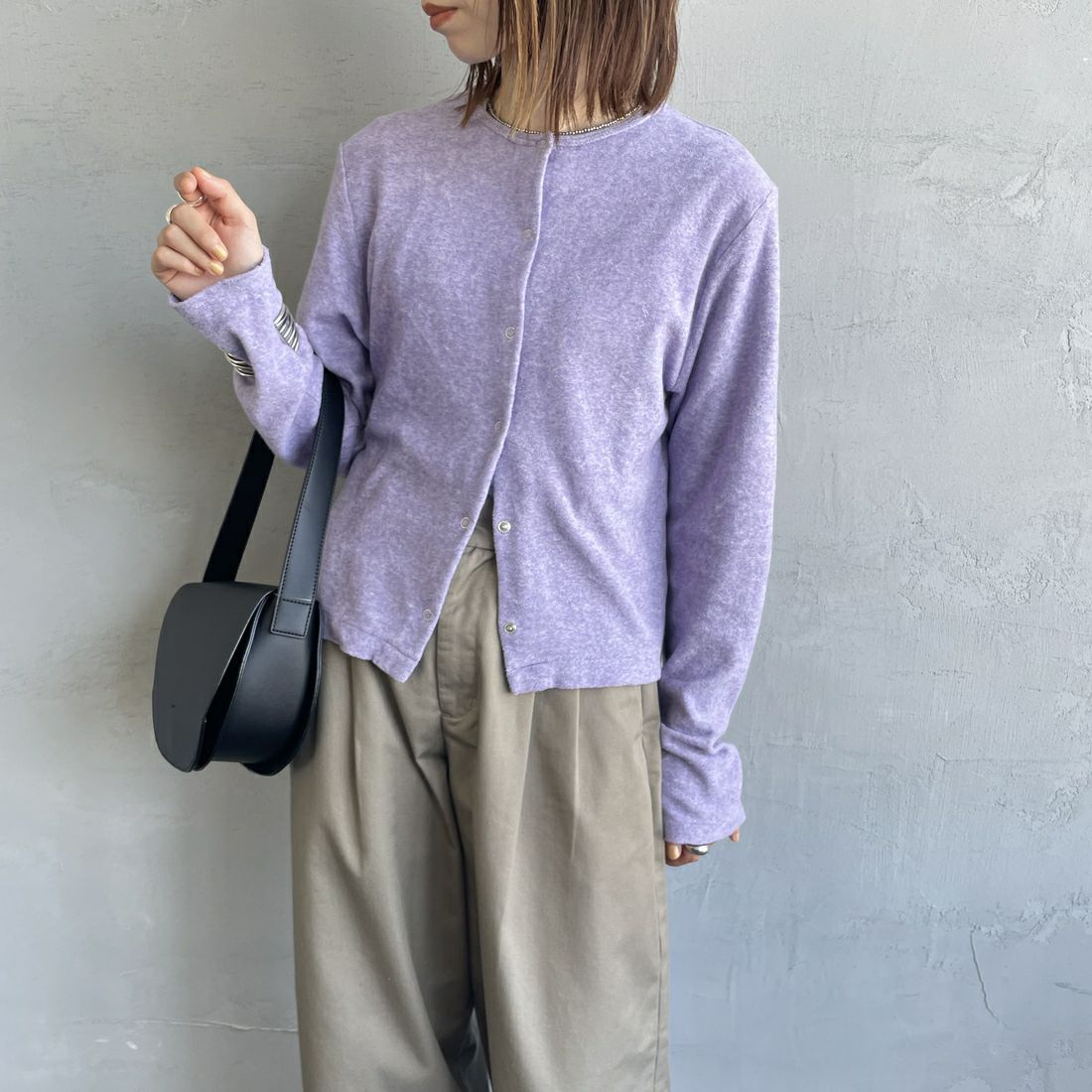 MEYAME [メヤメ] オーガニックコットンパイルカーディガン [MEY-2126] PURPLE &&モデル身長：158cm 着用サイズ：F&&