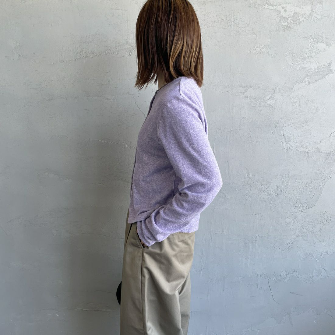 MEYAME [メヤメ] オーガニックコットンパイルカーディガン [MEY-2126] PURPLE &&モデル身長：158cm 着用サイズ：F&&