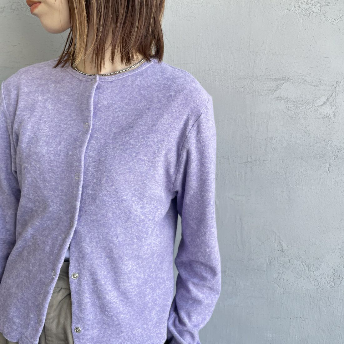 MEYAME [メヤメ] オーガニックコットンパイルカーディガン [MEY-2126] PURPLE &&モデル身長：158cm 着用サイズ：F&&