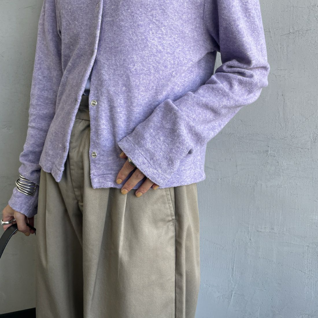 MEYAME [メヤメ] オーガニックコットンパイルカーディガン [MEY-2126] PURPLE &&モデル身長：158cm 着用サイズ：F&&