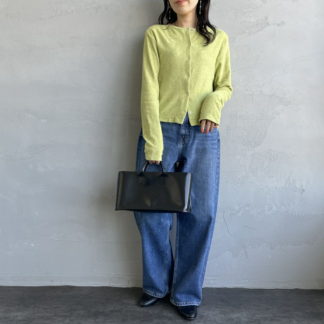 MEYAME [メヤメ] オーガニックコットンパイルカーディガン [MEY-2126] GREEN &&モデル身長：160cm 着用サイズ：F&&