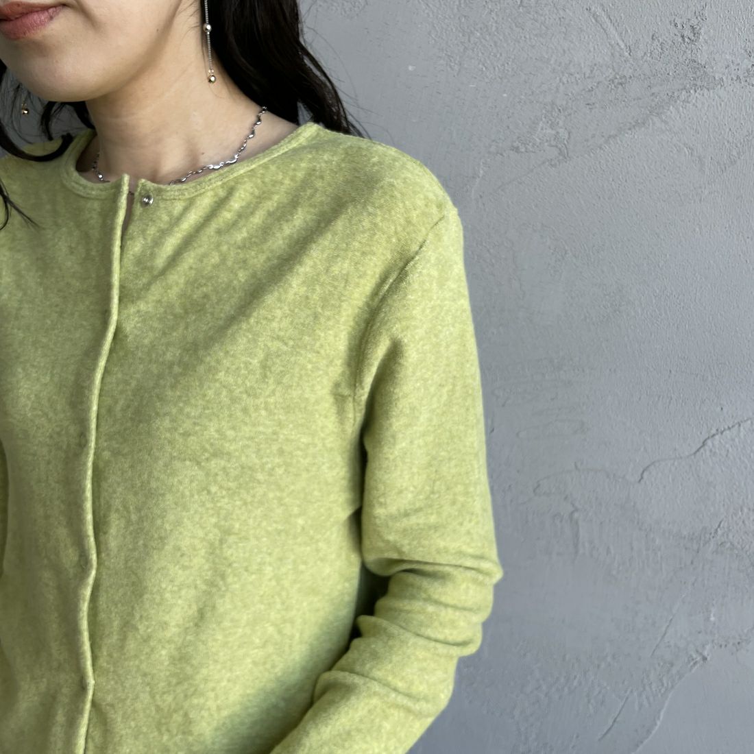 MEYAME [メヤメ] オーガニックコットンパイルカーディガン [MEY-2126] GREEN &&モデル身長：160cm 着用サイズ：F&&