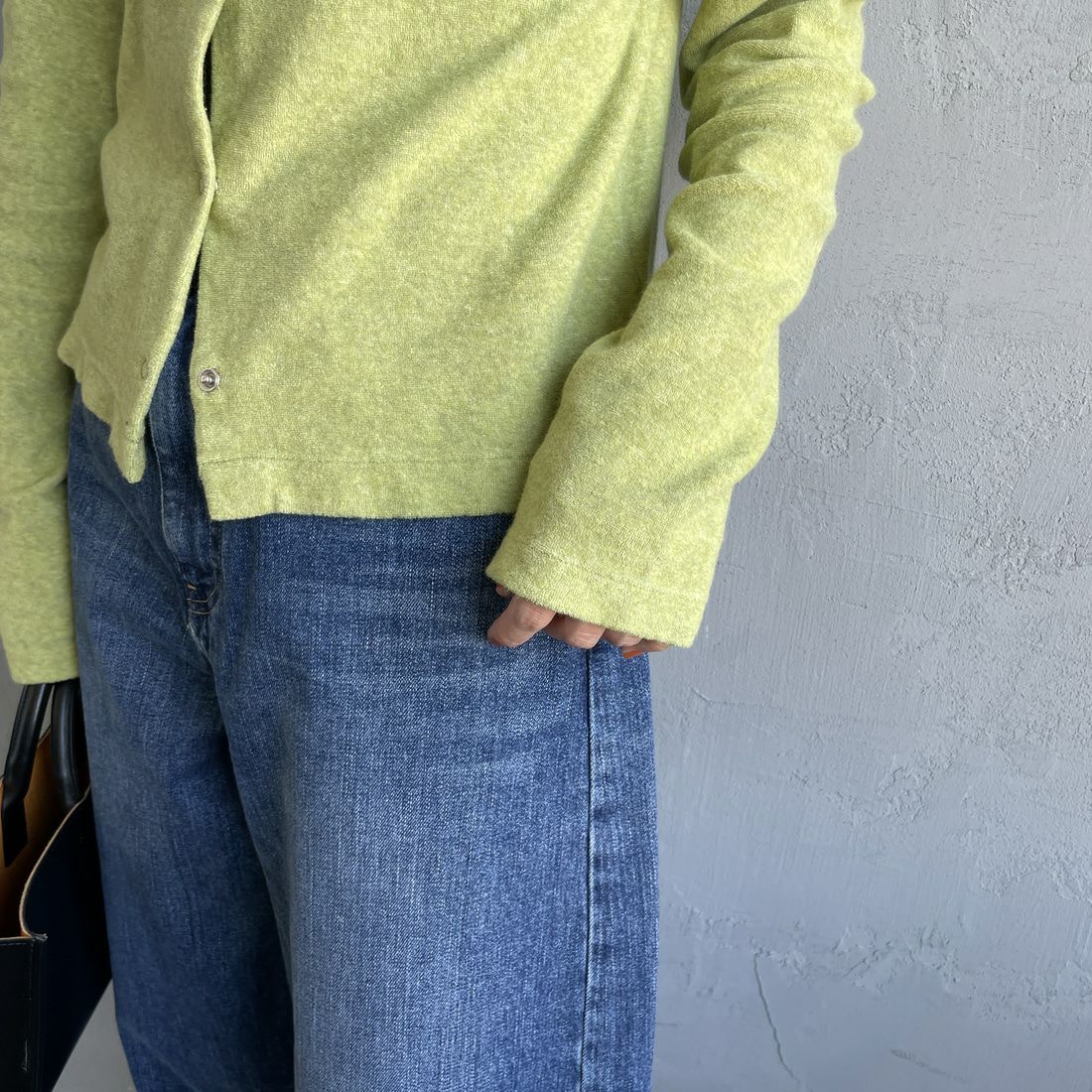 MEYAME [メヤメ] オーガニックコットンパイルカーディガン [MEY-2126] GREEN &&モデル身長：160cm 着用サイズ：F&&