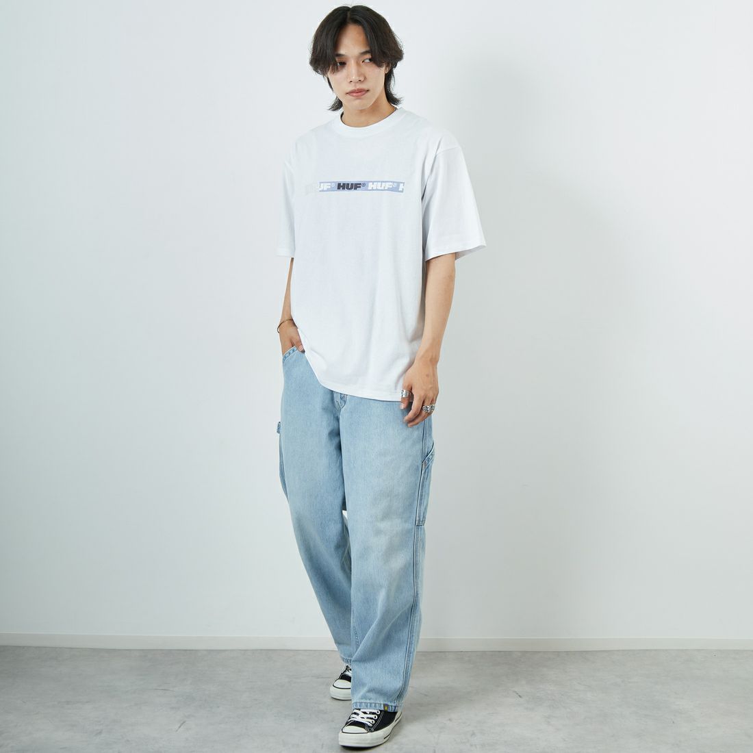 HUF [ハフ] アドミッション ショートスリーブTシャツ [TS02457] WHITE &&モデル身長：179cm 着用サイズ：L&&