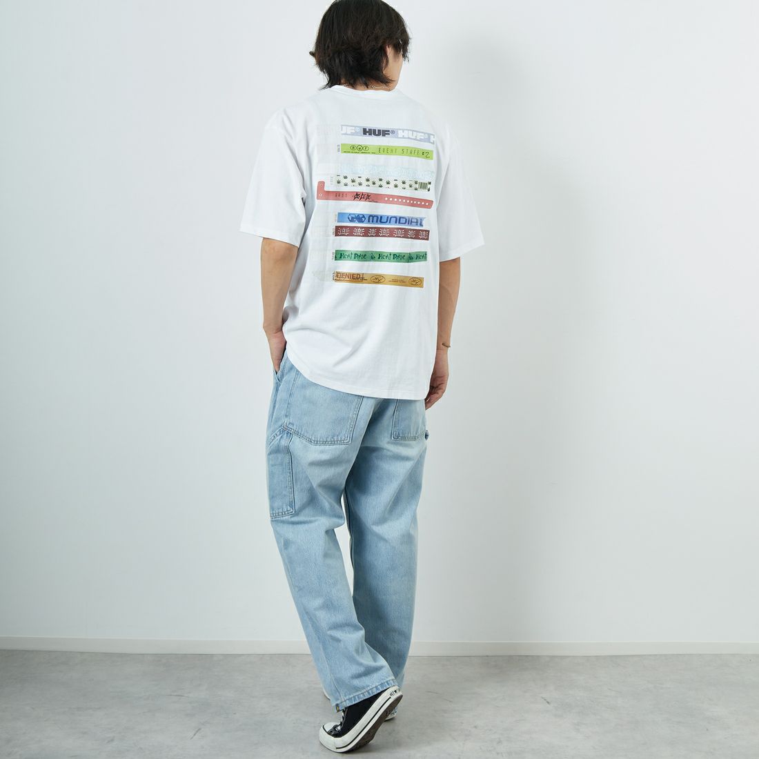 HUF [ハフ] アドミッション ショートスリーブTシャツ [TS02457] WHITE &&モデル身長：179cm 着用サイズ：L&&