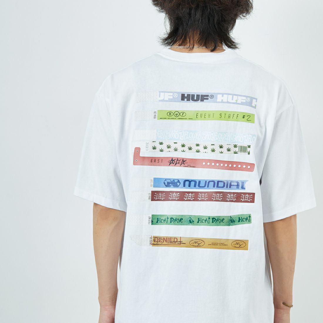 HUF [ハフ] アドミッション ショートスリーブTシャツ [TS02457] WHITE &&モデル身長：179cm 着用サイズ：L&&