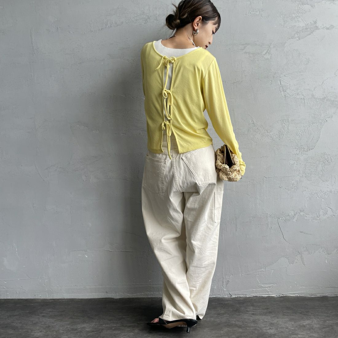 Jf Ready Made [ジェイエフレディメイド] 強撚フライス2WAYカーディガン [3103102] 201 ｲｴﾛｰ &&モデル身長：150cm 着用サイズ：F&&