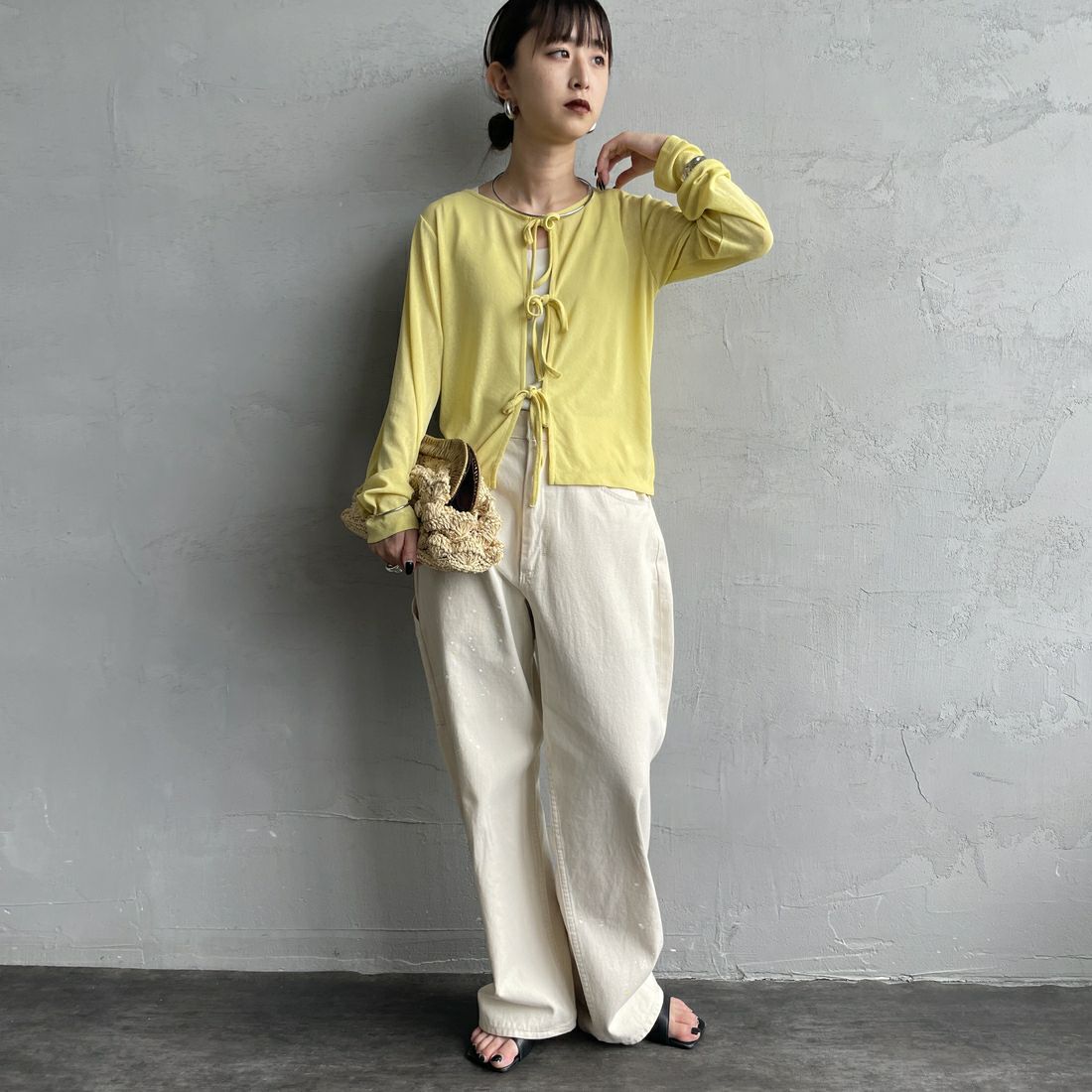 Jf Ready Made [ジェイエフレディメイド] 強撚フライス2WAYカーディガン [3103102] 201 ｲｴﾛｰ &&モデル身長：150cm 着用サイズ：F&&