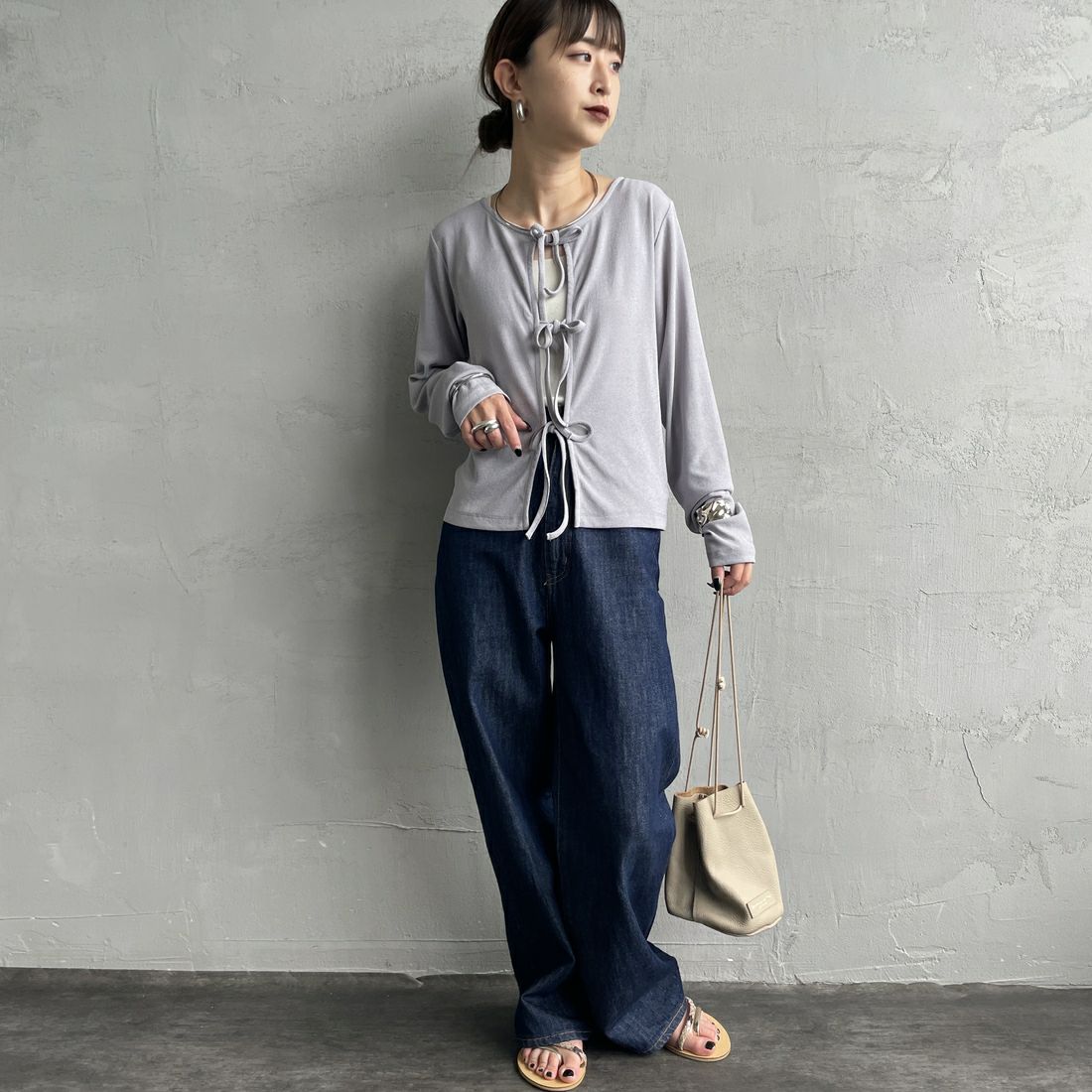 Jf Ready Made [ジェイエフレディメイド] 強撚フライス2WAYカーディガン [3103102] 805 ｸﾞﾚｲ &&モデル身長：150cm 着用サイズ：F&&