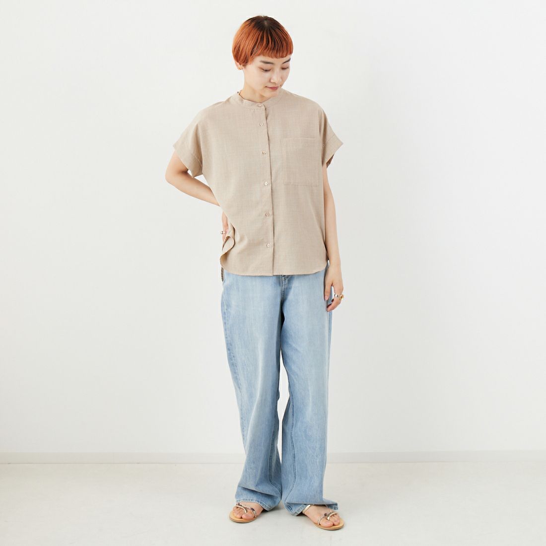 Jf Ready Made [ジェイエフレディメイド] 麻調バックヨークテープ切替ブラウス [41252223] ﾍﾞｰｼﾞｭ &&モデル身長：160cm 着用サイズ：F&&