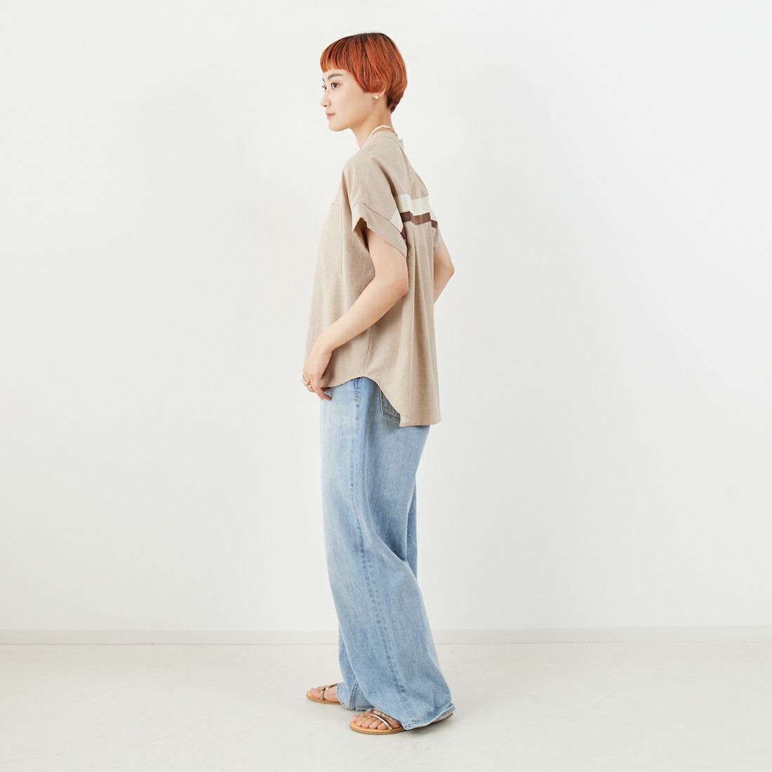 Jf Ready Made [ジェイエフレディメイド] 麻調バックヨークテープ切替ブラウス [41252223] ﾍﾞｰｼﾞｭ &&モデル身長：160cm 着用サイズ：F&&