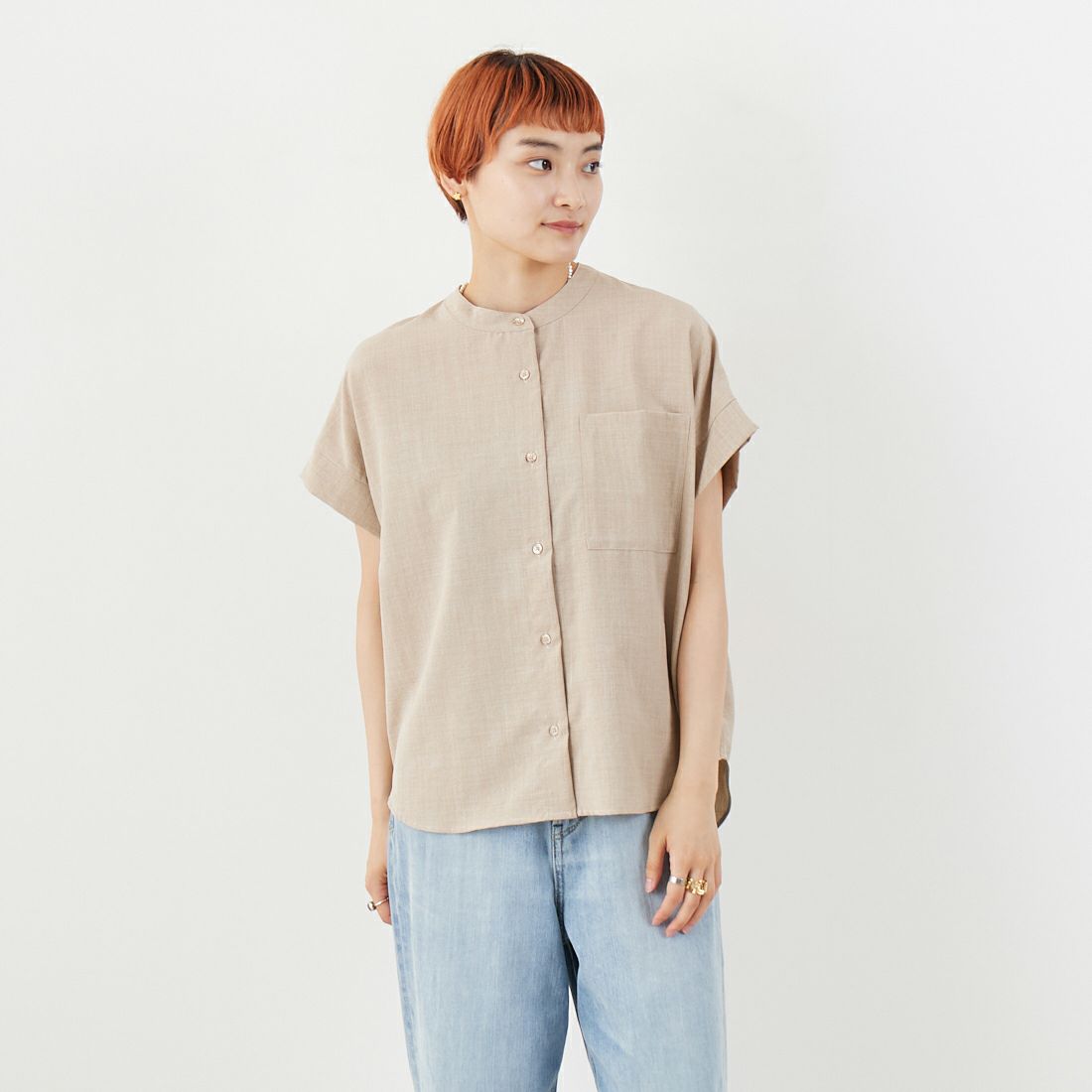 Jf Ready Made [ジェイエフレディメイド] 麻調バックヨークテープ切替ブラウス [41252223] ﾍﾞｰｼﾞｭ &&モデル身長：160cm 着用サイズ：F&&