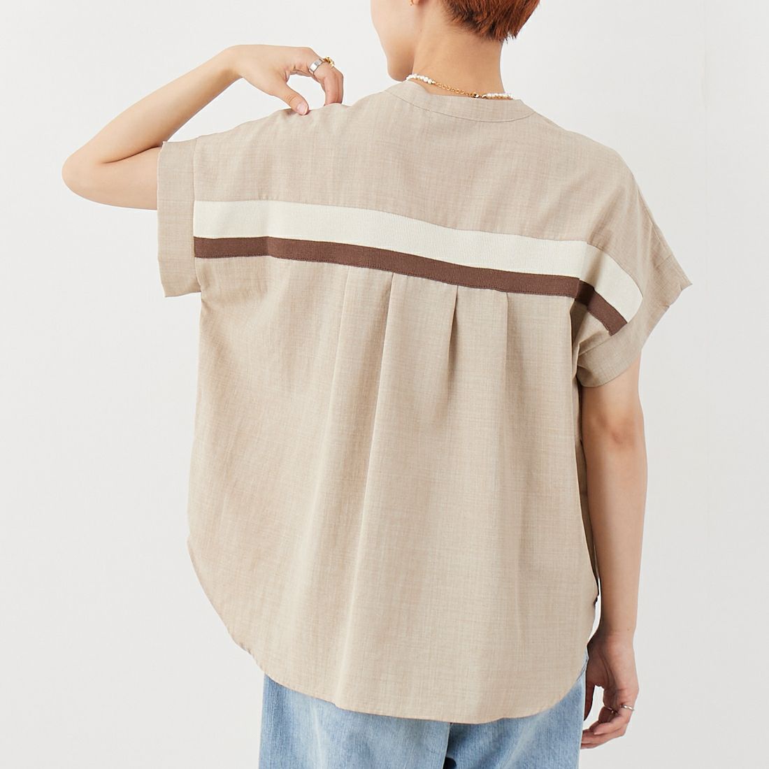 Jf Ready Made [ジェイエフレディメイド] 麻調バックヨークテープ切替ブラウス [41252223] ﾍﾞｰｼﾞｭ &&モデル身長：160cm 着用サイズ：F&&