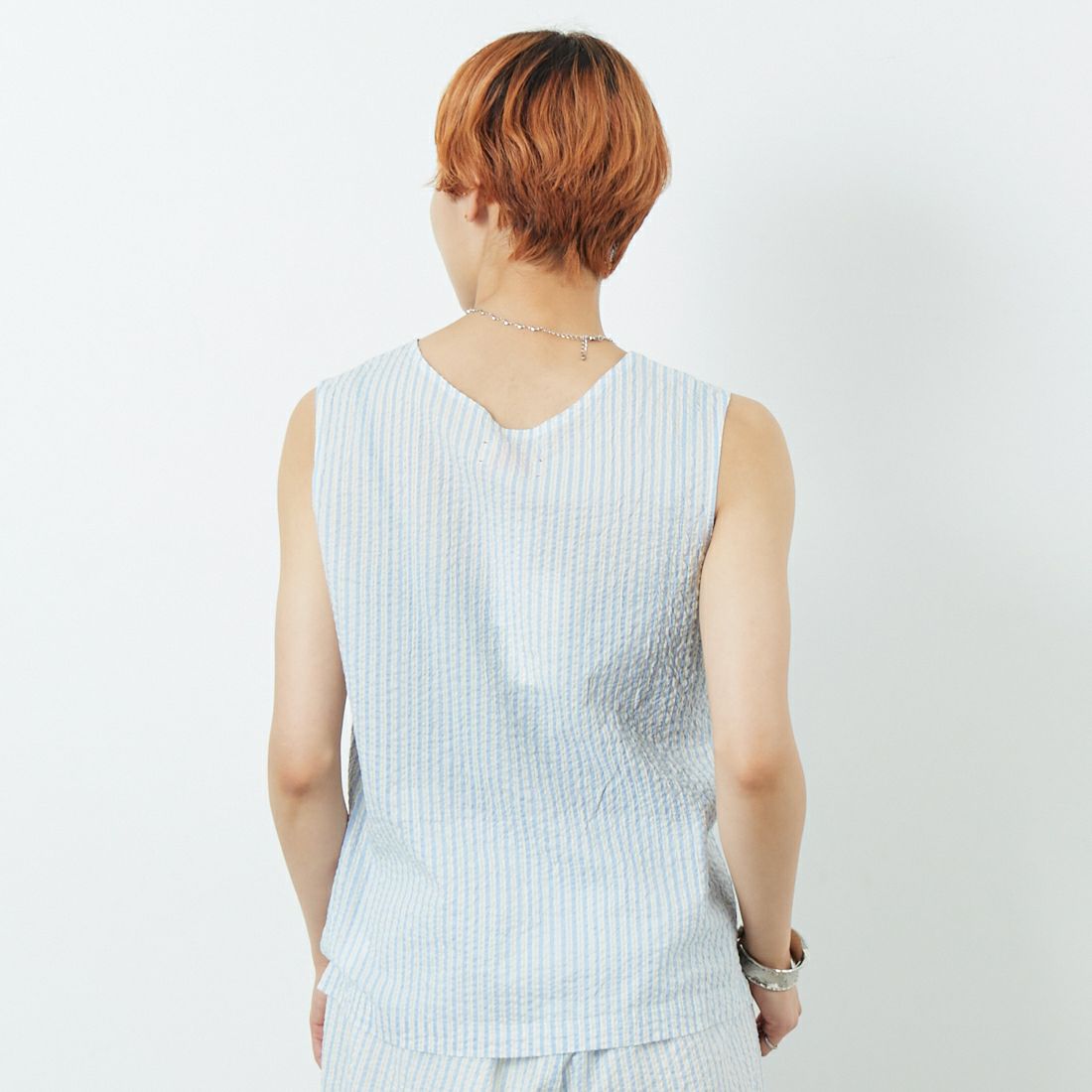 MEYAME [メヤメ] ライトコットン ストライプノースリーブトップス [MEY-2107] BLUE &&モデル身長：160cm 着用サイズ：F&&