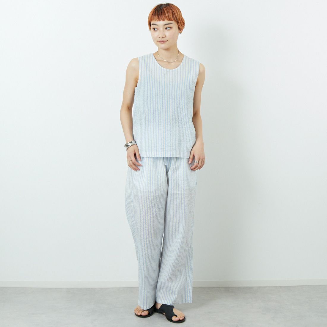 MEYAME [メヤメ] ライトコットン ストライプノースリーブトップス [MEY-2107] BLUE &&モデル身長：160cm 着用サイズ：F&&