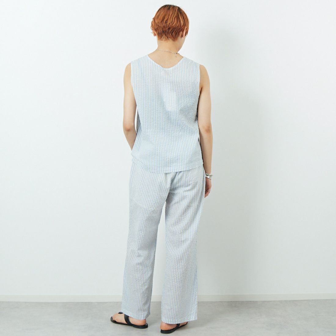 MEYAME [メヤメ] ライトコットン ストライプノースリーブトップス [MEY-2107] BLUE &&モデル身長：160cm 着用サイズ：F&&