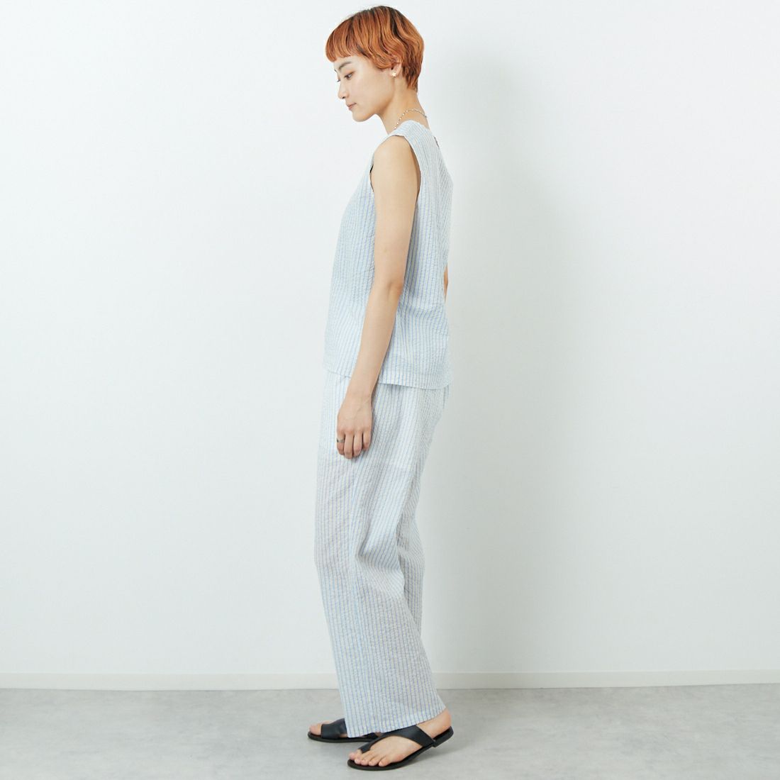 MEYAME [メヤメ] ライトコットン ストライプパンツ [MEY-2106] BLUE &&モデル身長：160cm 着用サイズ：F&&