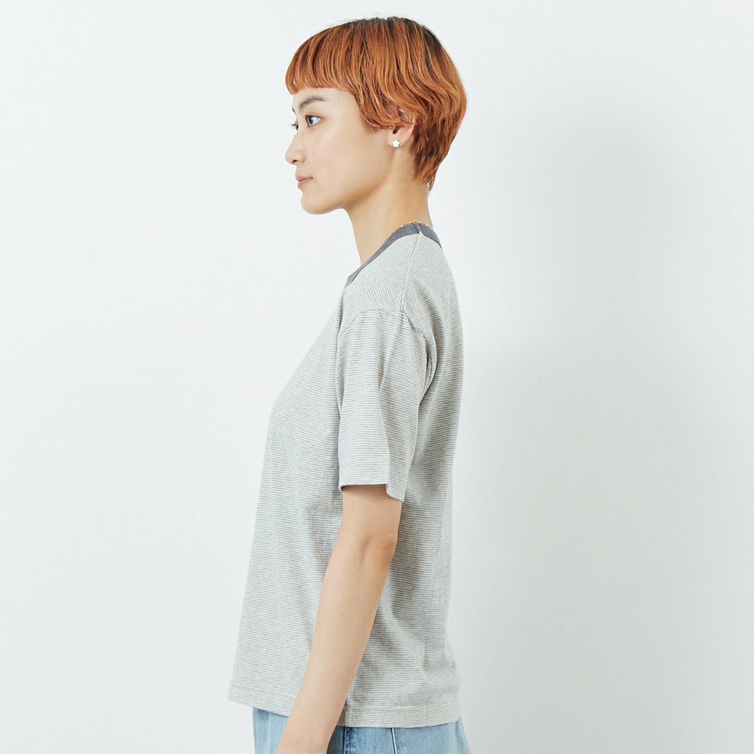 MEYAME [メヤメ] オーガニックコットンボーダーTシャツ [MEY-2123] GREY &&モデル身長：160cm 着用サイズ：F&&