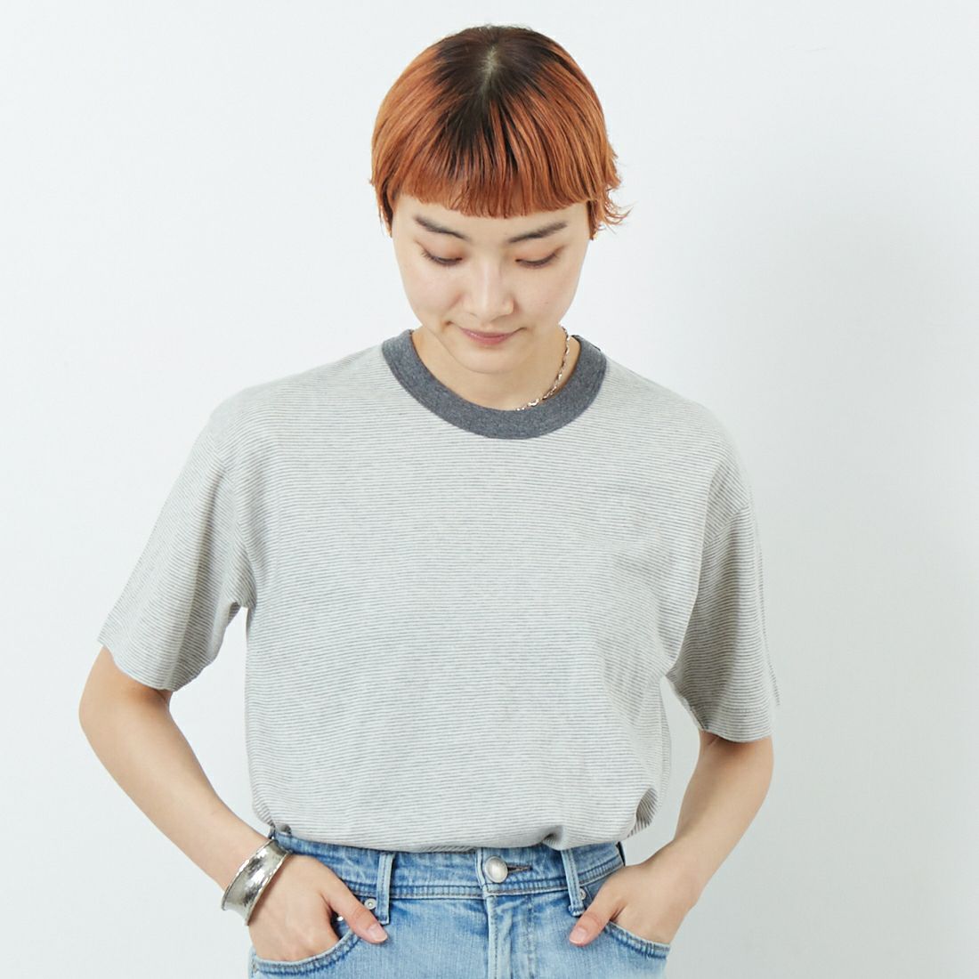 MEYAME [メヤメ] オーガニックコットンボーダーTシャツ [MEY-2123] GREY &&モデル身長：160cm 着用サイズ：F&&