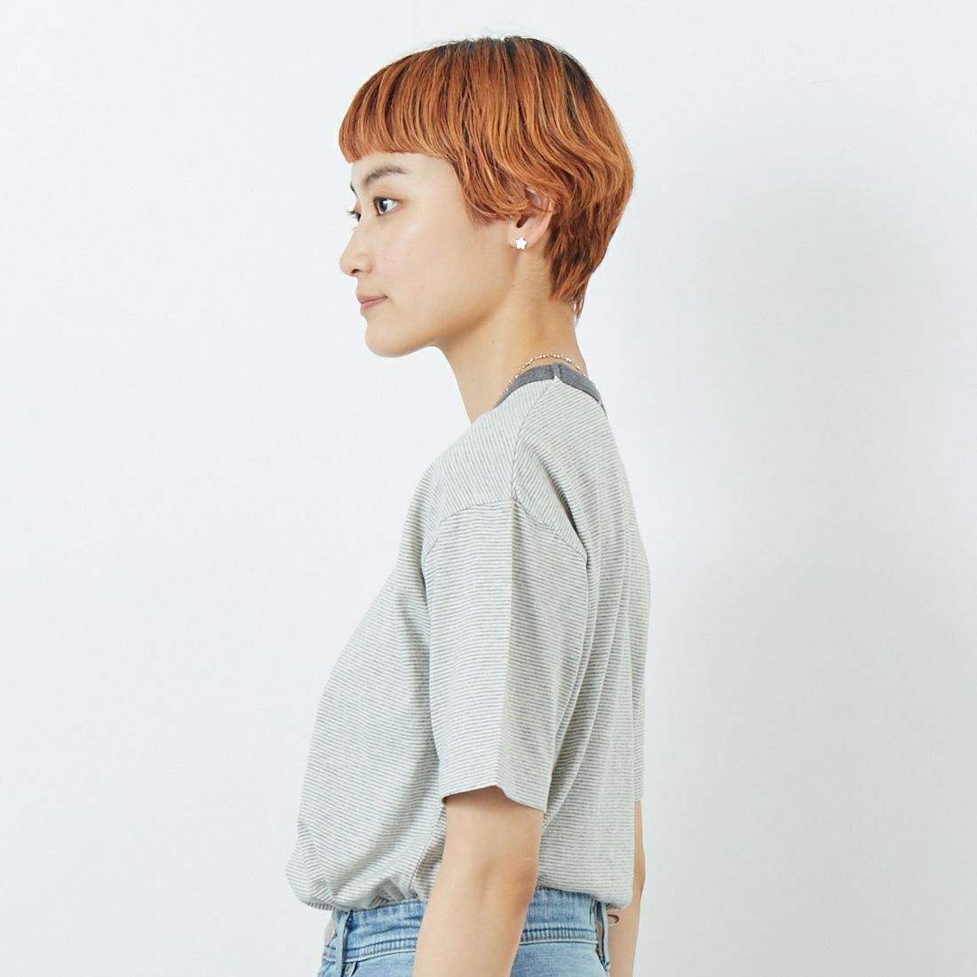 MEYAME [メヤメ] オーガニックコットンボーダーTシャツ [MEY-2123] GREY &&モデル身長：160cm 着用サイズ：F&&