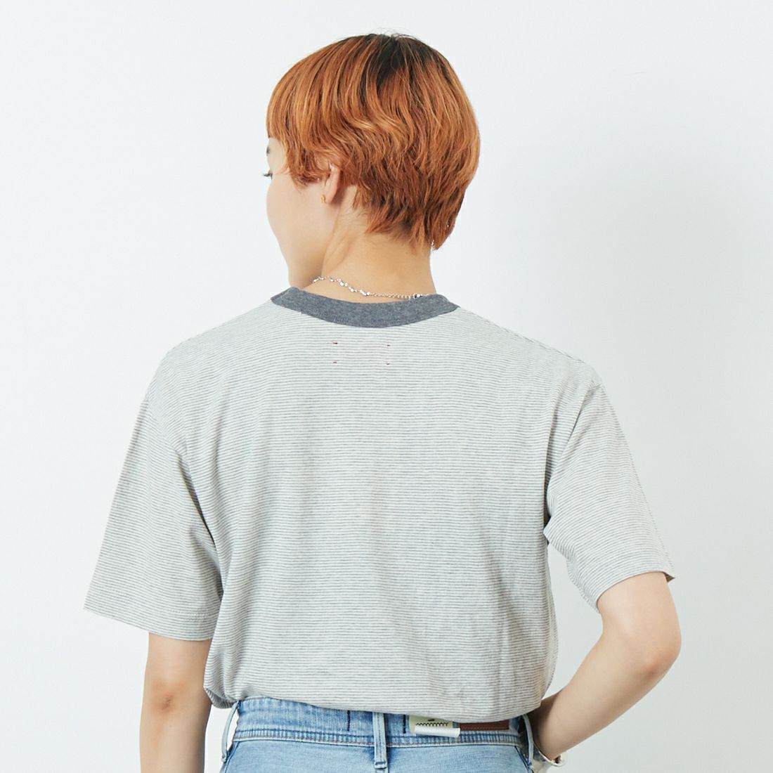 MEYAME [メヤメ] オーガニックコットンボーダーTシャツ [MEY-2123] GREY &&モデル身長：160cm 着用サイズ：F&&