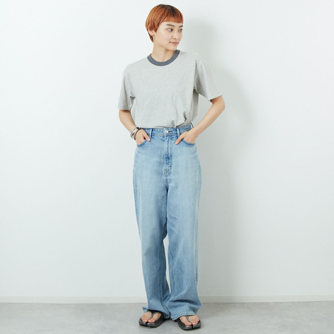 MEYAME [メヤメ] オーガニックコットンボーダーTシャツ [MEY-2123] GREY &&モデル身長：160cm 着用サイズ：F&&