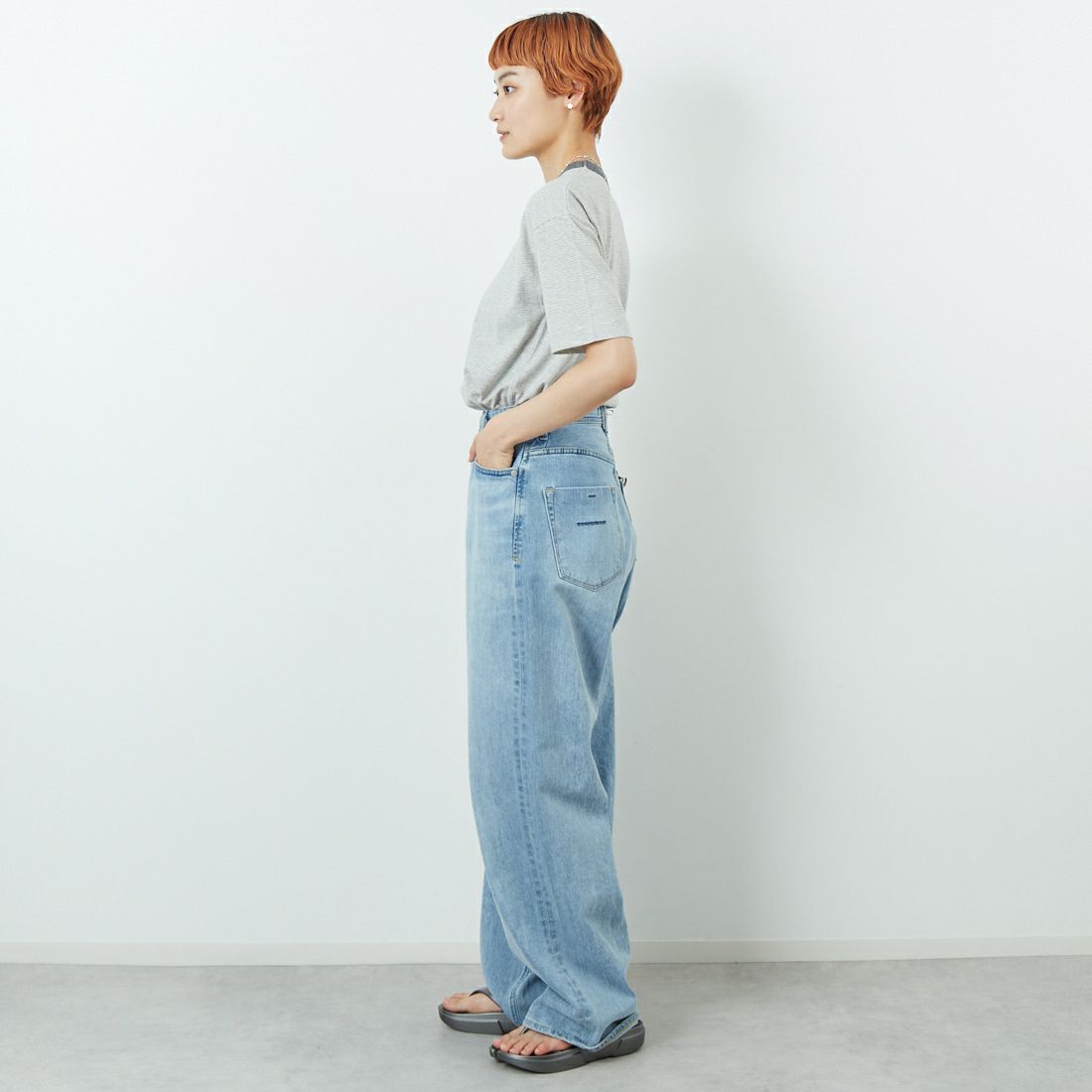 MEYAME [メヤメ] オーガニックコットンボーダーTシャツ [MEY-2123] GREY &&モデル身長：160cm 着用サイズ：F&&