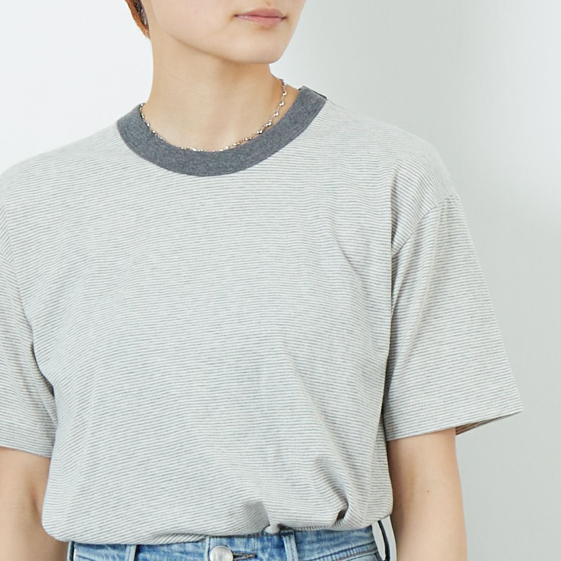 MEYAME [メヤメ] オーガニックコットンボーダーTシャツ [MEY-2123] GREY &&モデル身長：160cm 着用サイズ：F&&