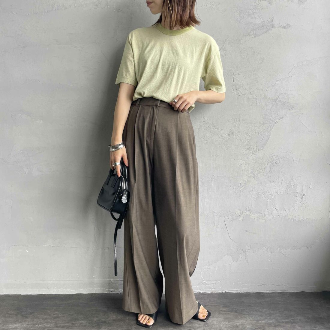 MEYAME [メヤメ] オーガニックコットンボーダーTシャツ [MEY-2123] GREEN &&モデル身長：158cm 着用サイズ：F&&