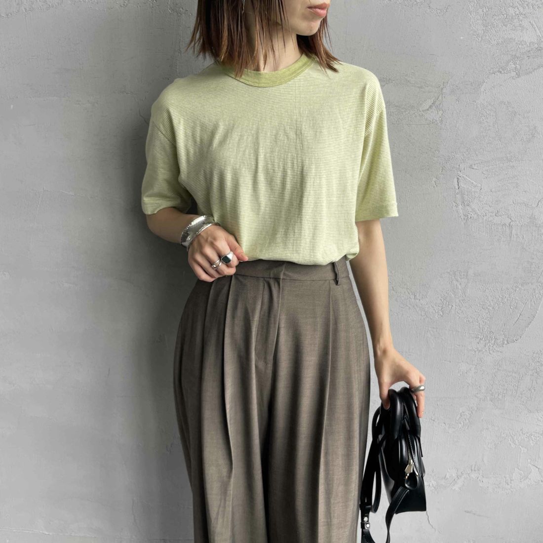 MEYAME [メヤメ] オーガニックコットンボーダーTシャツ [MEY-2123] GREEN &&モデル身長：158cm 着用サイズ：F&&