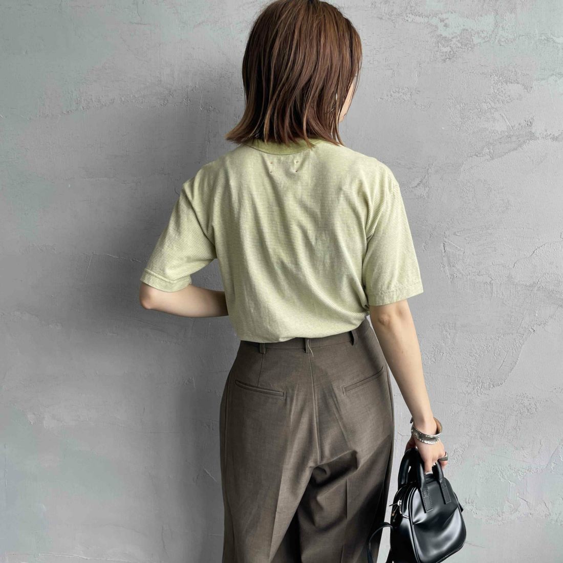 MEYAME [メヤメ] オーガニックコットンボーダーTシャツ [MEY-2123] GREEN &&モデル身長：158cm 着用サイズ：F&&