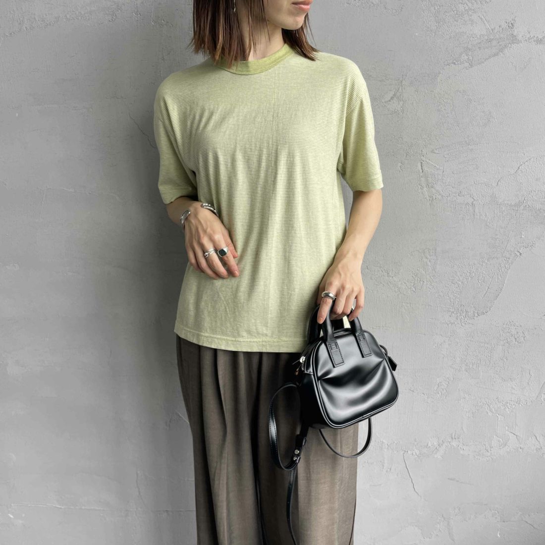 MEYAME [メヤメ] オーガニックコットンボーダーTシャツ [MEY-2123] GREEN &&モデル身長：158cm 着用サイズ：F&&