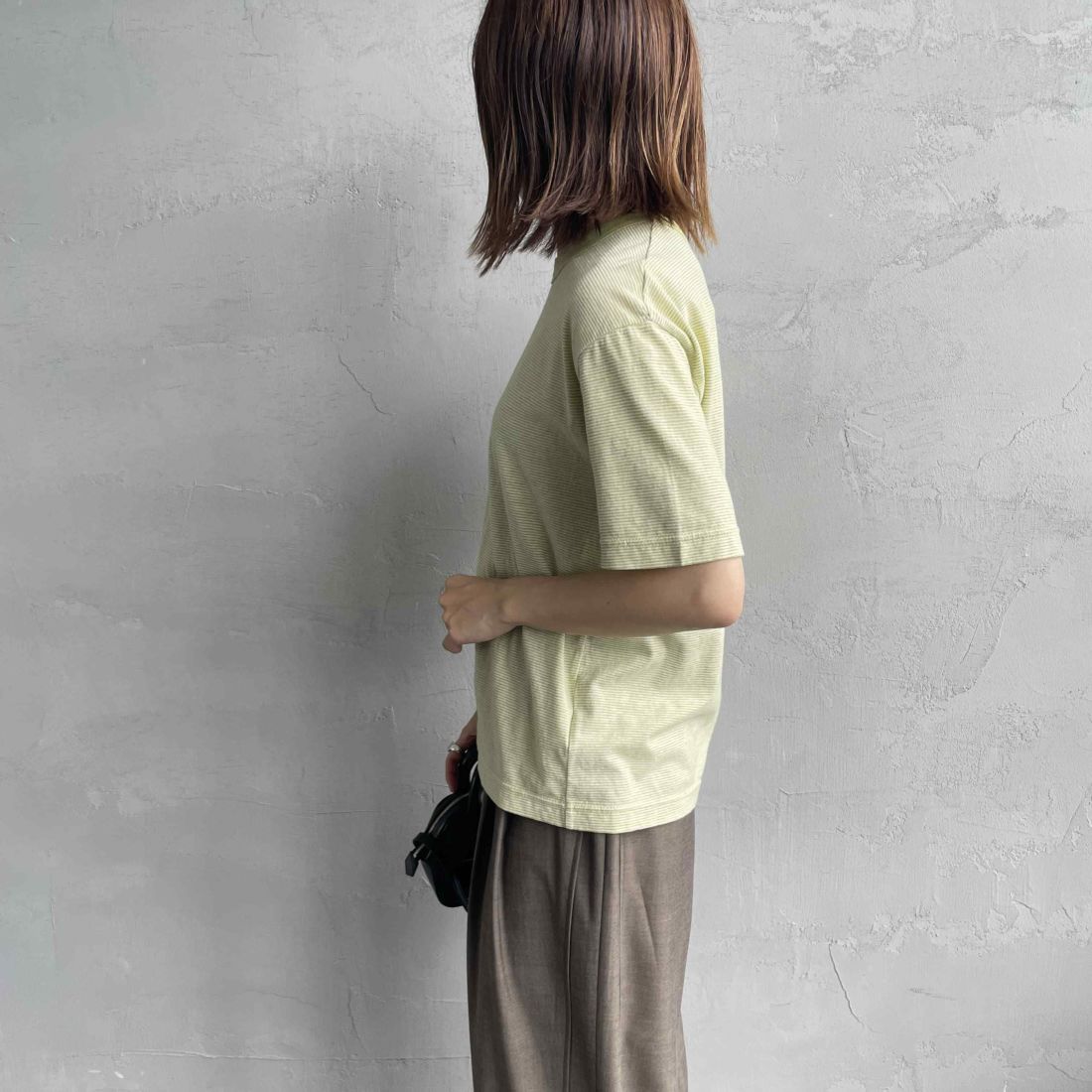 MEYAME [メヤメ] オーガニックコットンボーダーTシャツ [MEY-2123] GREEN &&モデル身長：158cm 着用サイズ：F&&