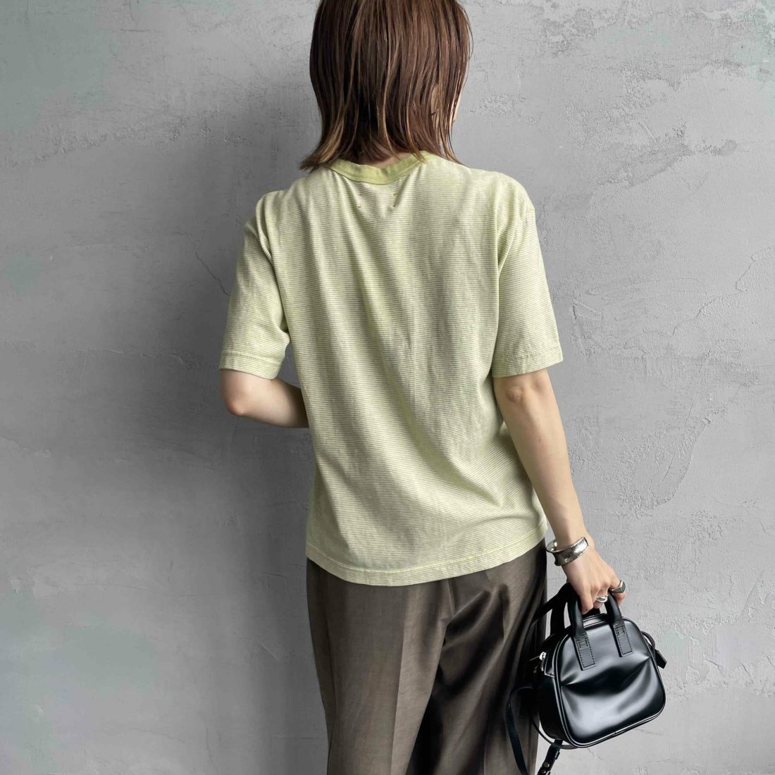 MEYAME [メヤメ] オーガニックコットンボーダーTシャツ [MEY-2123] GREEN &&モデル身長：158cm 着用サイズ：F&&