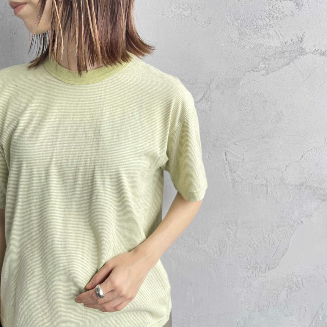 MEYAME [メヤメ] オーガニックコットンボーダーTシャツ [MEY-2123] GREEN &&モデル身長：158cm 着用サイズ：F&&