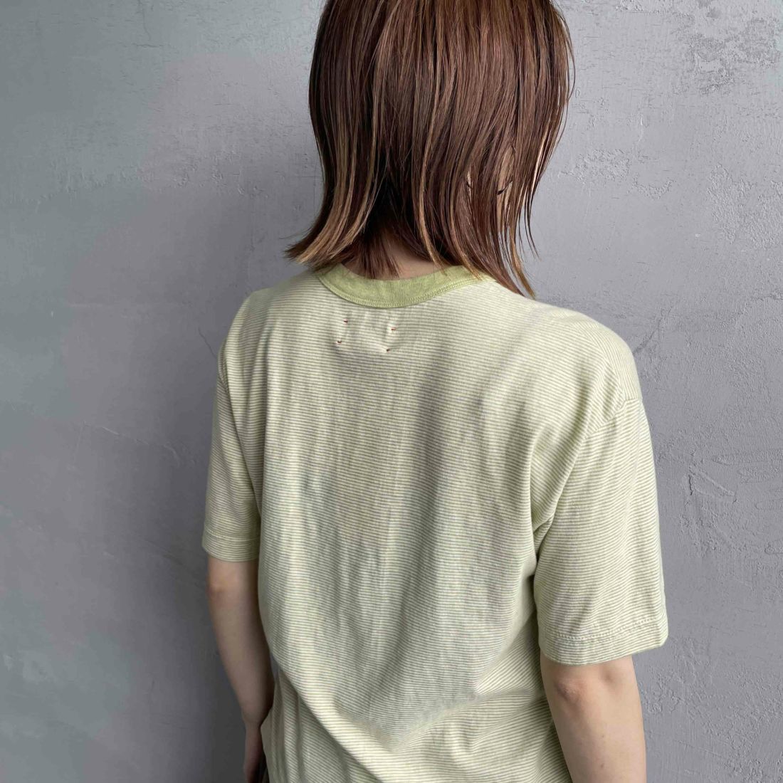 MEYAME [メヤメ] オーガニックコットンボーダーTシャツ [MEY-2123] GREEN &&モデル身長：158cm 着用サイズ：F&&