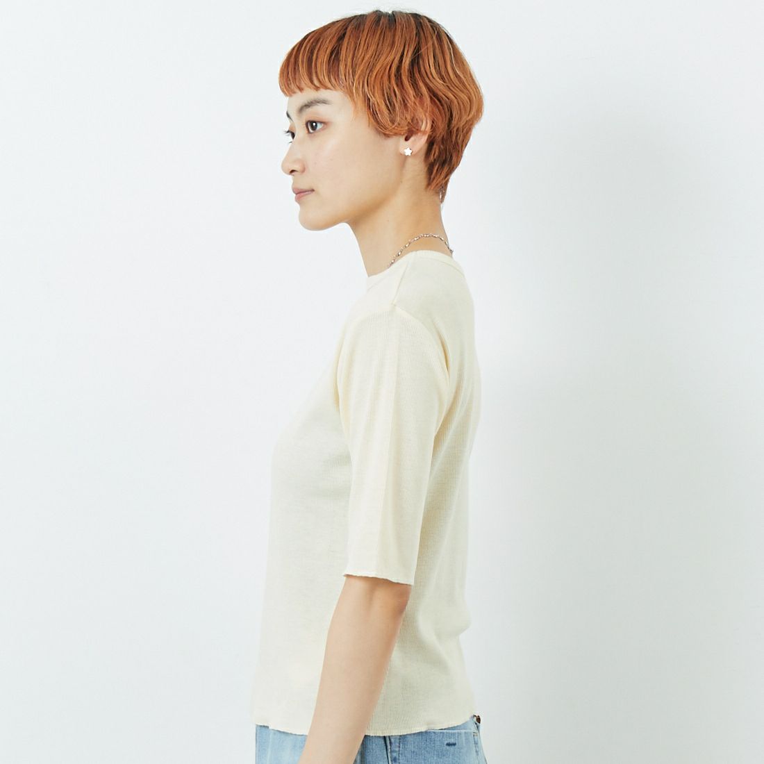 MEYAME [メヤメ] リブハーフスリーブTシャツ [MEY-2117] CREAM &&モデル身長：160cm 着用サイズ：F&&