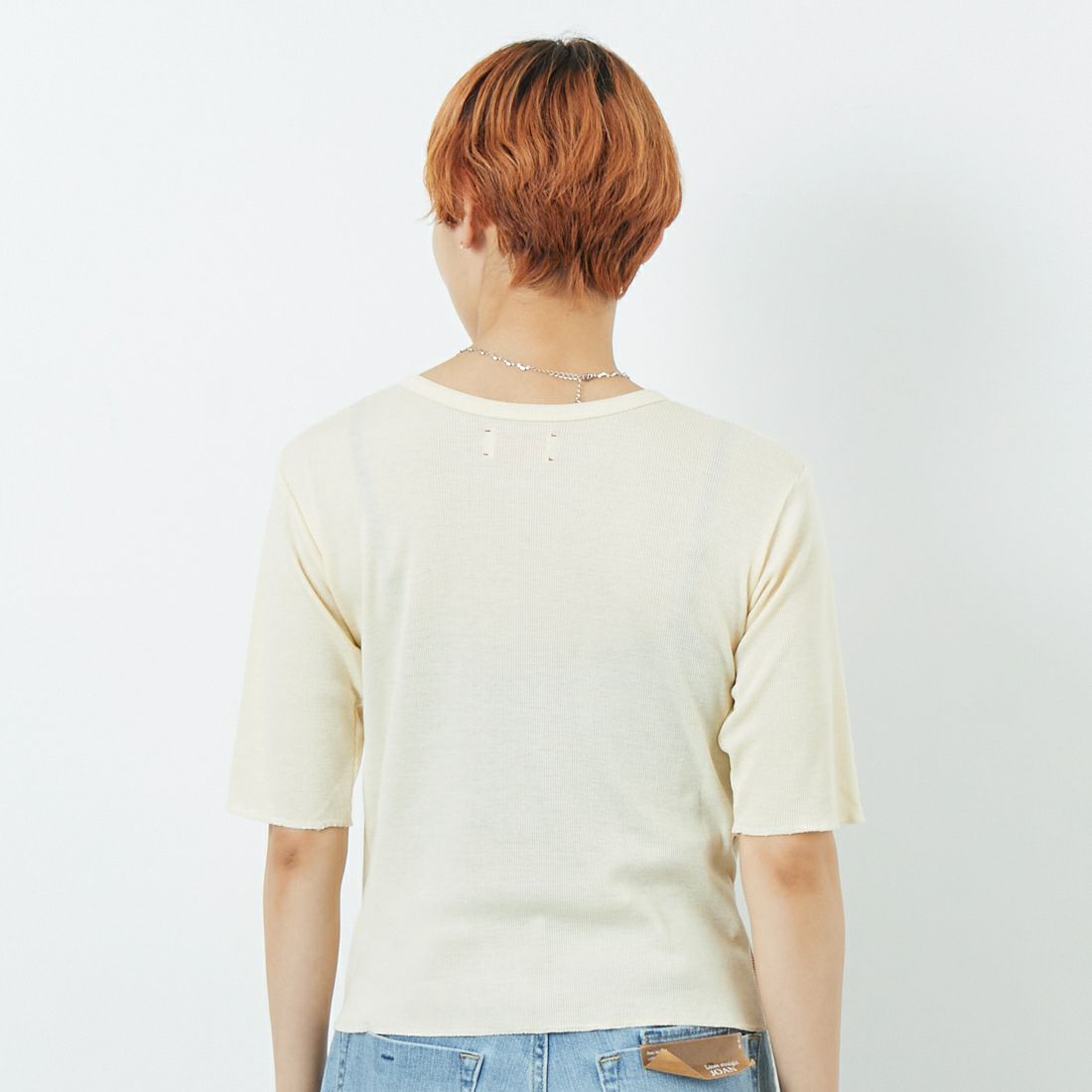 MEYAME [メヤメ] リブハーフスリーブTシャツ [MEY-2117] CREAM &&モデル身長：160cm 着用サイズ：F&&