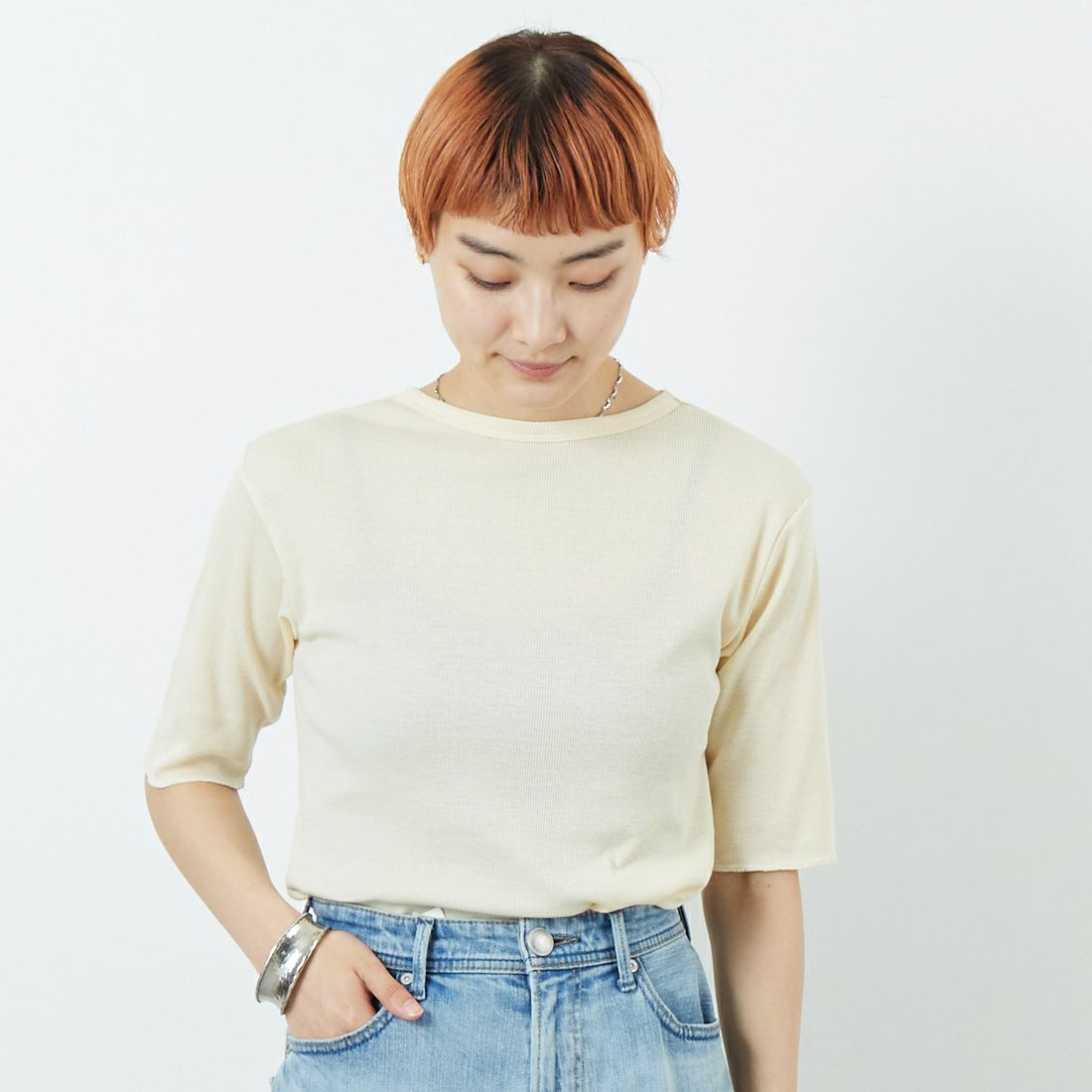 MEYAME [メヤメ] リブハーフスリーブTシャツ [MEY-2117] CREAM &&モデル身長：160cm 着用サイズ：F&&
