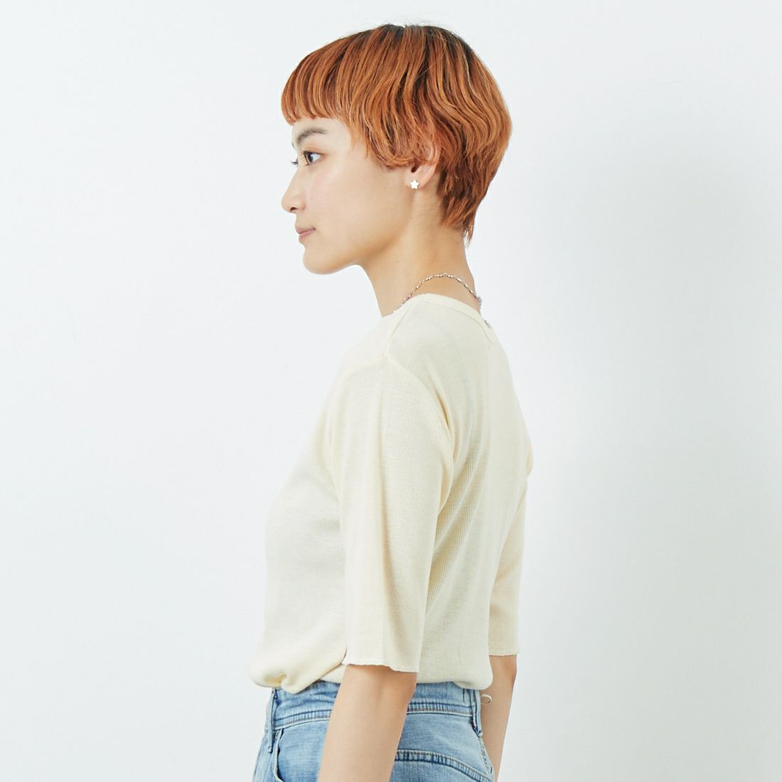 MEYAME [メヤメ] リブハーフスリーブTシャツ [MEY-2117] CREAM &&モデル身長：160cm 着用サイズ：F&&