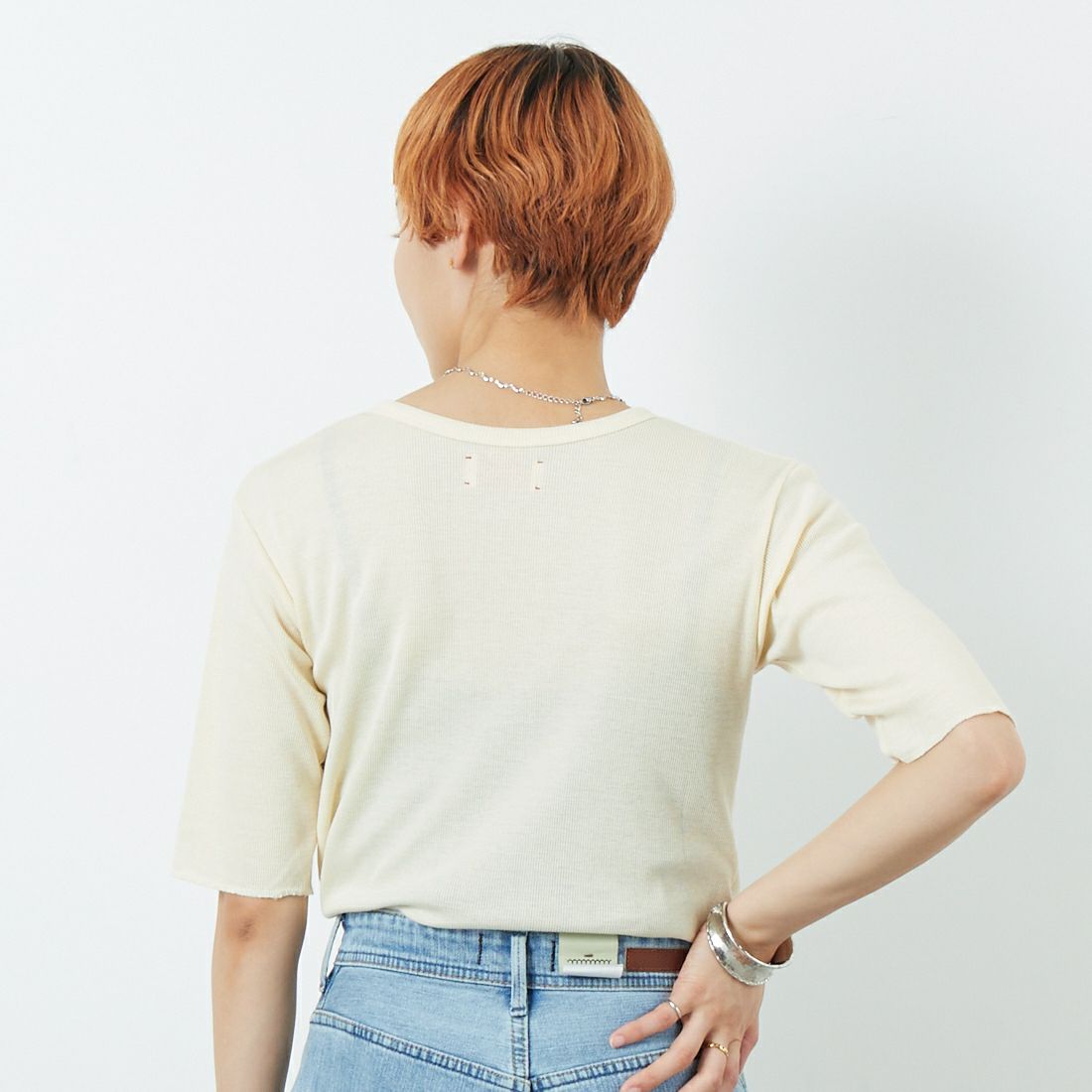 MEYAME [メヤメ] リブハーフスリーブTシャツ [MEY-2117] CREAM &&モデル身長：160cm 着用サイズ：F&&