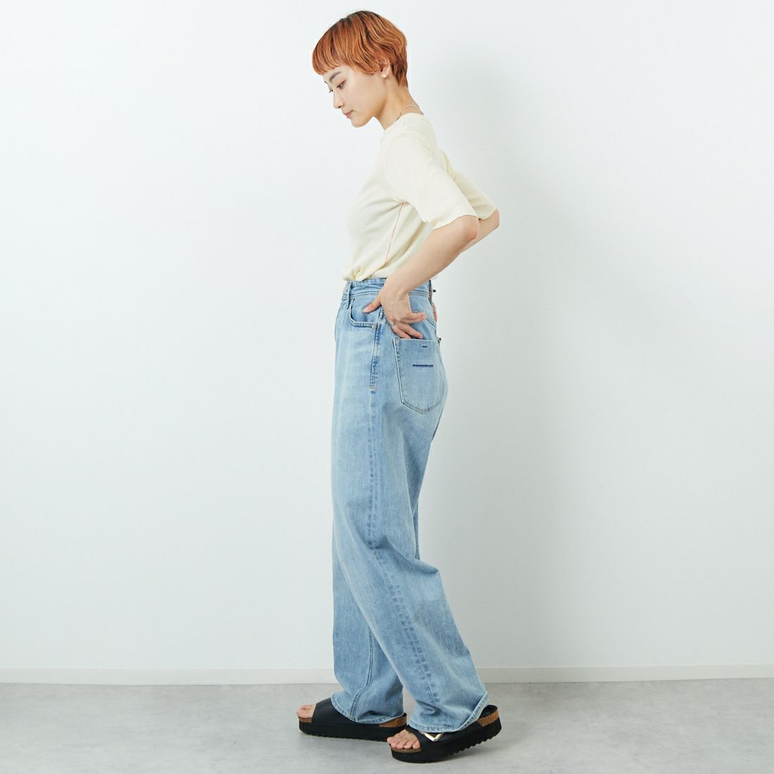 MEYAME [メヤメ] リブハーフスリーブTシャツ [MEY-2117] CREAM &&モデル身長：160cm 着用サイズ：F&&