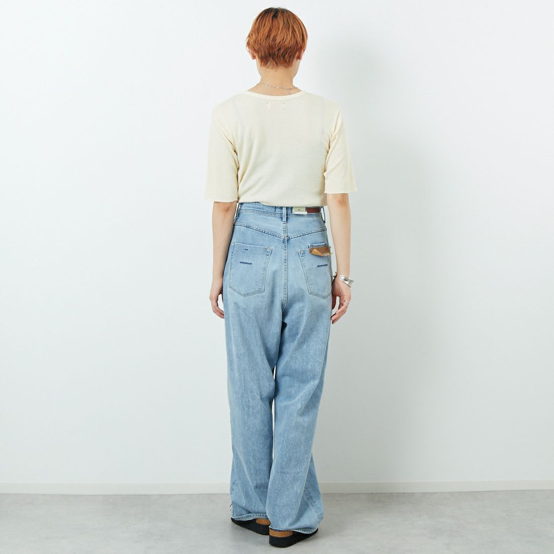 MEYAME [メヤメ] リブハーフスリーブTシャツ [MEY-2117] CREAM &&モデル身長：160cm 着用サイズ：F&&