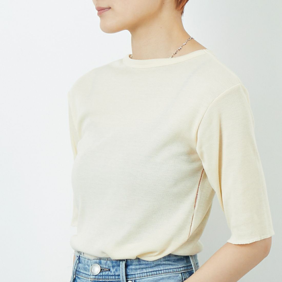 MEYAME [メヤメ] リブハーフスリーブTシャツ [MEY-2117] CREAM &&モデル身長：160cm 着用サイズ：F&&