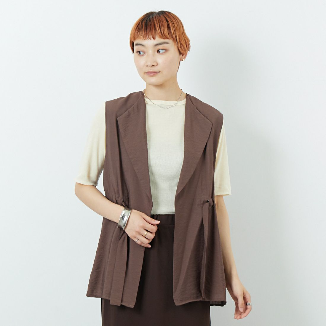 MEYAME [メヤメ] リブハーフスリーブTシャツ [MEY-2117] CREAM &&モデル身長：160cm 着用サイズ：F&&