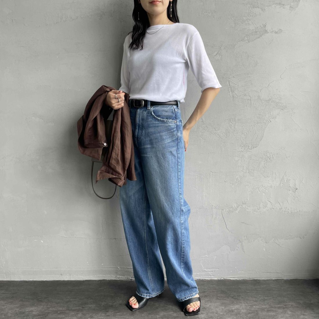 MEYAME [メヤメ] リブハーフスリーブTシャツ [MEY-2117] WHITE &&モデル身長：160cm 着用サイズ：F&&