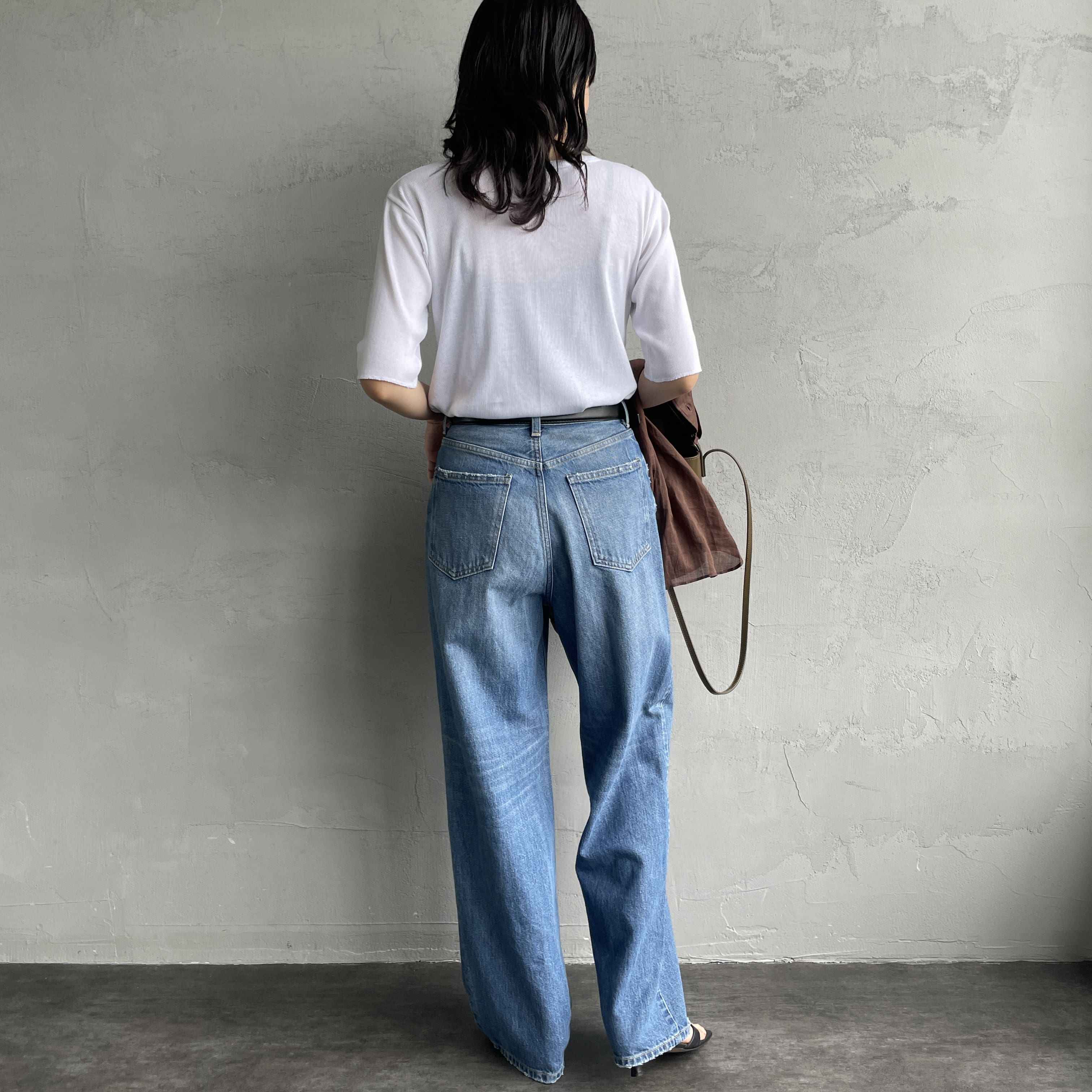 MEYAME [メヤメ] リブハーフスリーブTシャツ [MEY-2117] WHITE &&モデル身長：160cm 着用サイズ：F&&