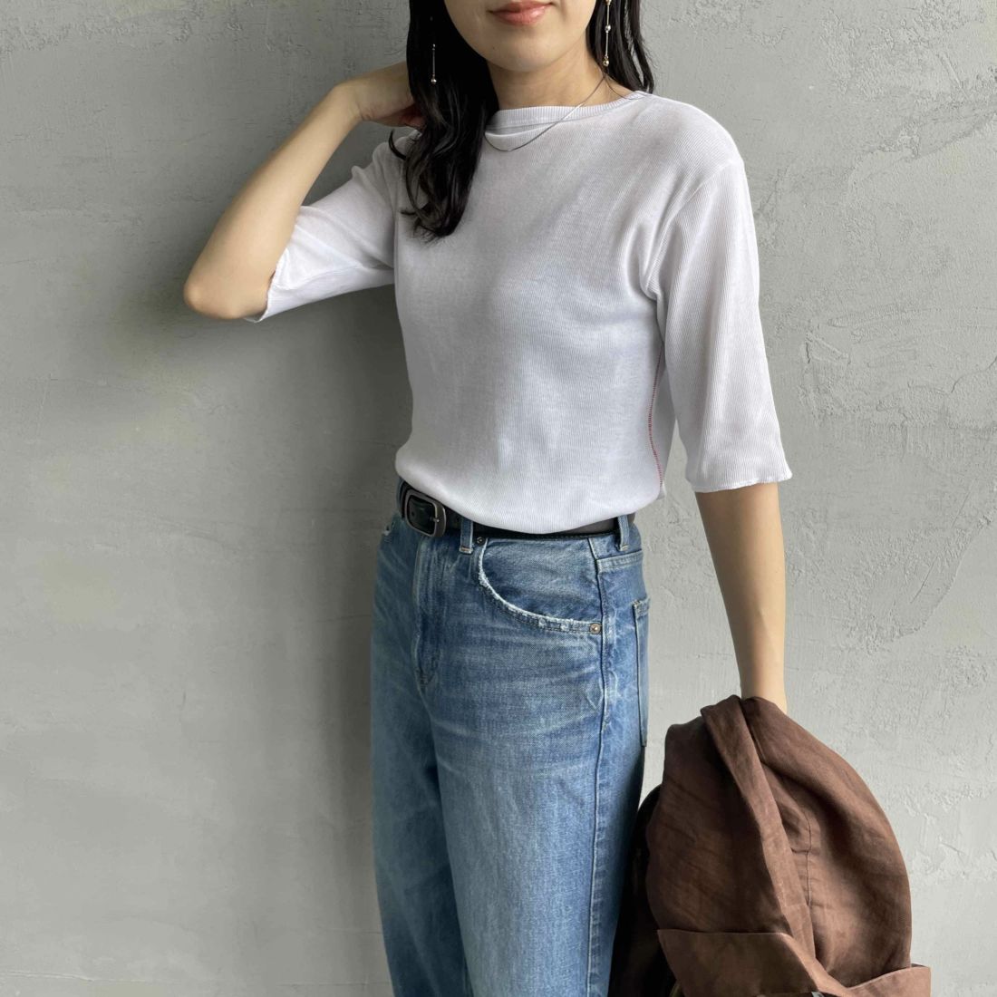 MEYAME [メヤメ] リブハーフスリーブTシャツ [MEY-2117] WHITE &&モデル身長：160cm 着用サイズ：F&&