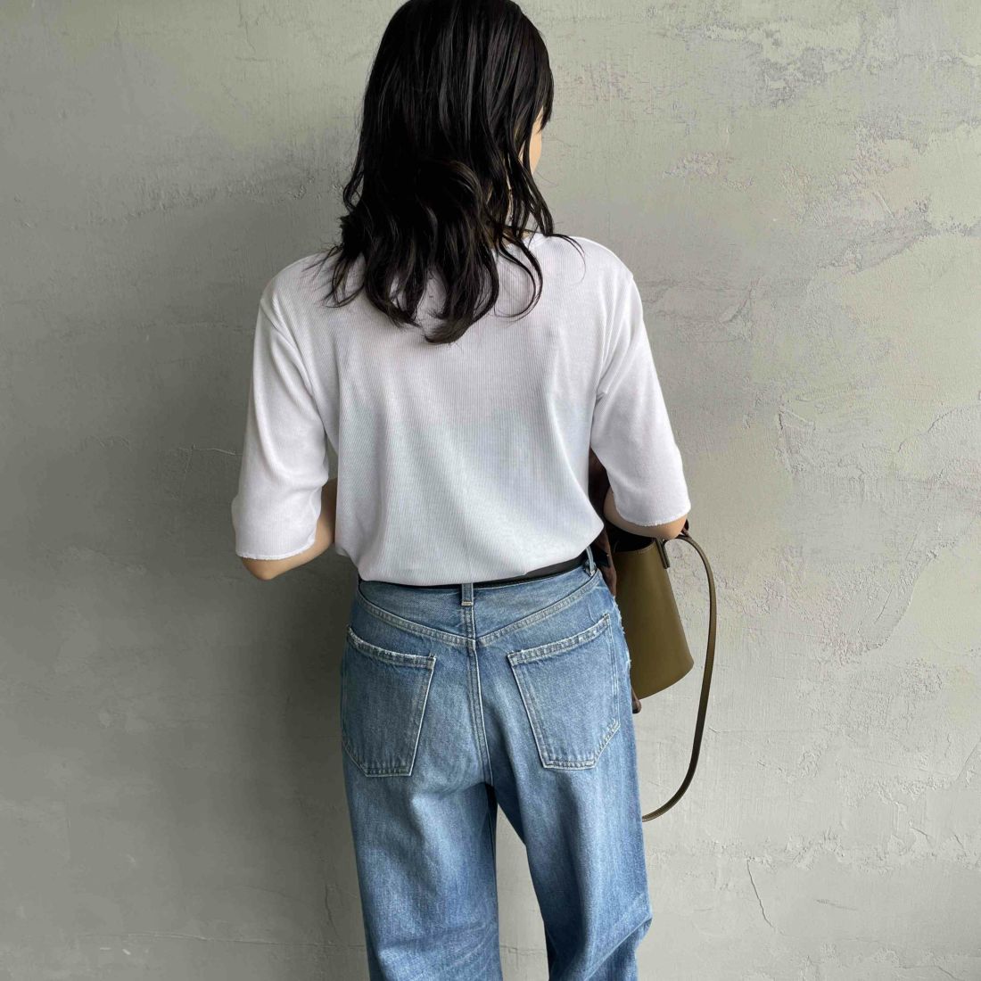 MEYAME [メヤメ] リブハーフスリーブTシャツ [MEY-2117] WHITE &&モデル身長：160cm 着用サイズ：F&&